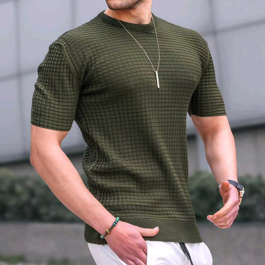 Herren nan Waffelstruktur-Kurzarm-Strickshirt mit schmaler Passform und elastischem Rippsaum EB