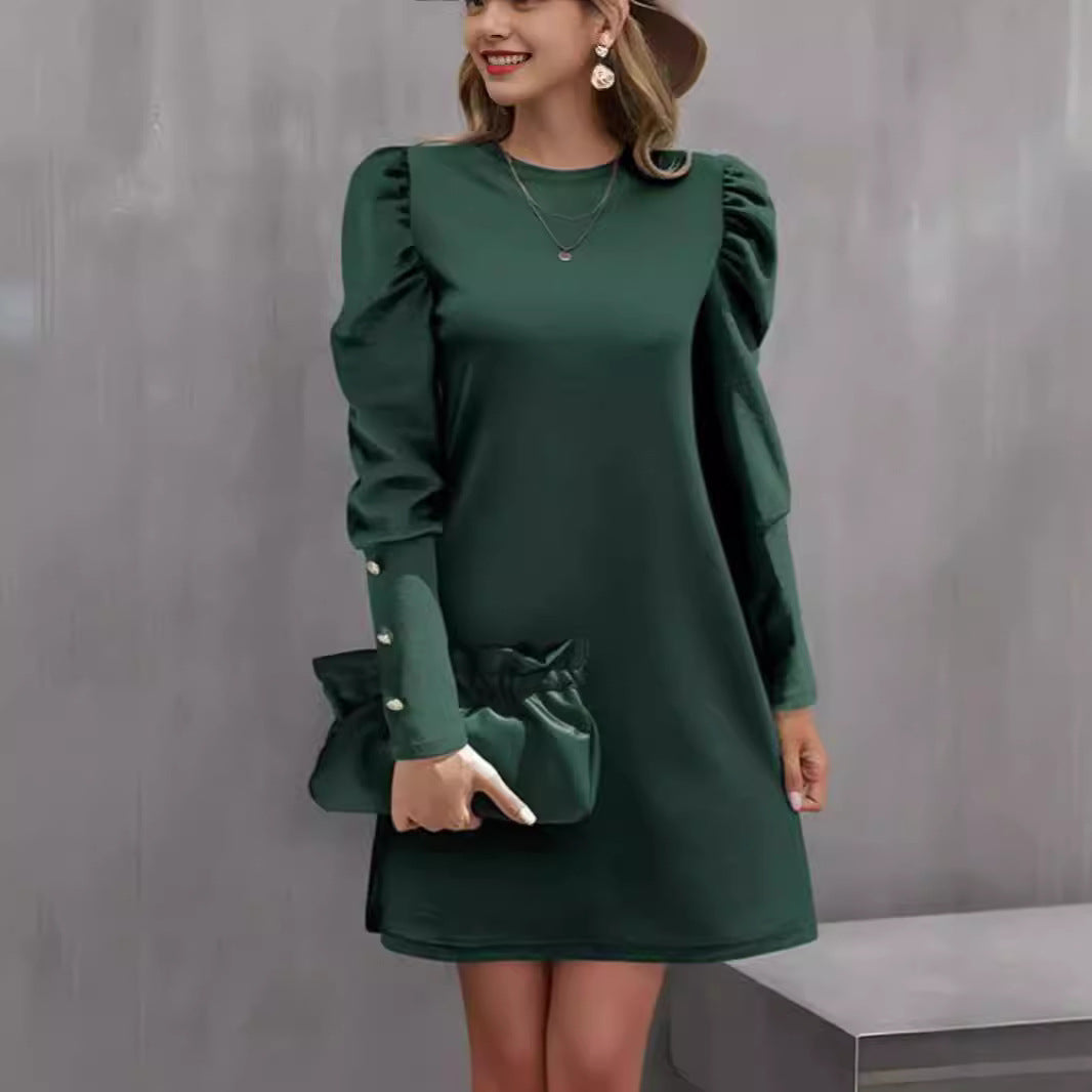Damen nan elegantes A-Linien Minikleid mit gerafften Puffärmeln und dekorativen Manschettenknöpfen EB