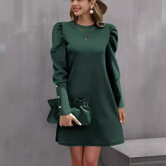 Damen nan elegantes A-Linien Minikleid mit gerafften Puffärmeln und dekorativen Manschettenknöpfen EB