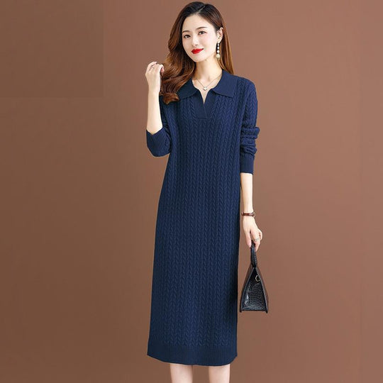 Damen Strickkleid mit klassischem Polokragen und feinem Zopfmuster EB