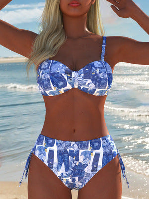 Damen Hochgeschnittener Bikini mit modischem Druck und verstellbaren Seitenbanden EB