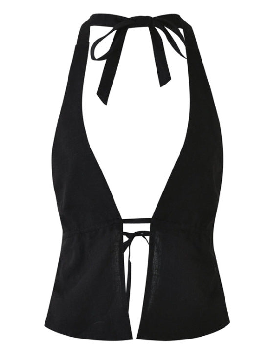 Damen Crop-Top mit tiefem V-Ausschnitt und Bindebändern EB