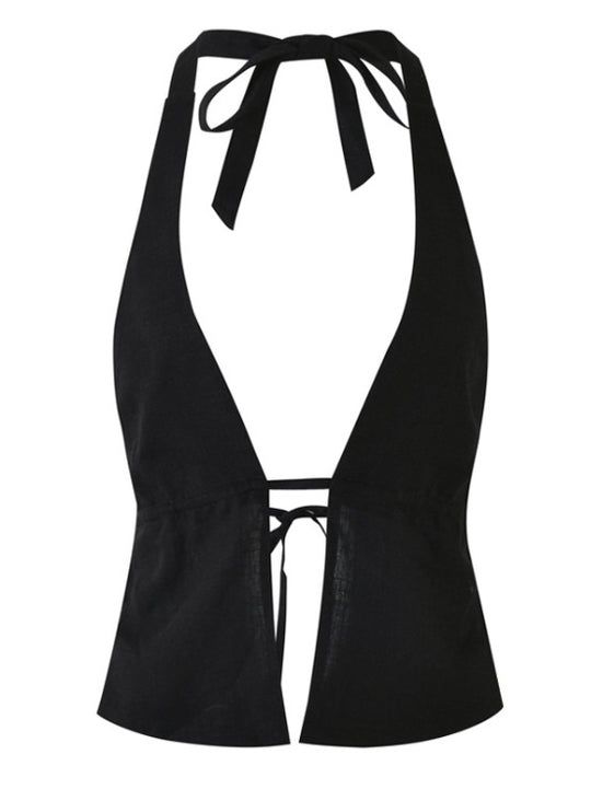 Damen Crop-Top mit tiefem V-Ausschnitt und Bindebändern EB