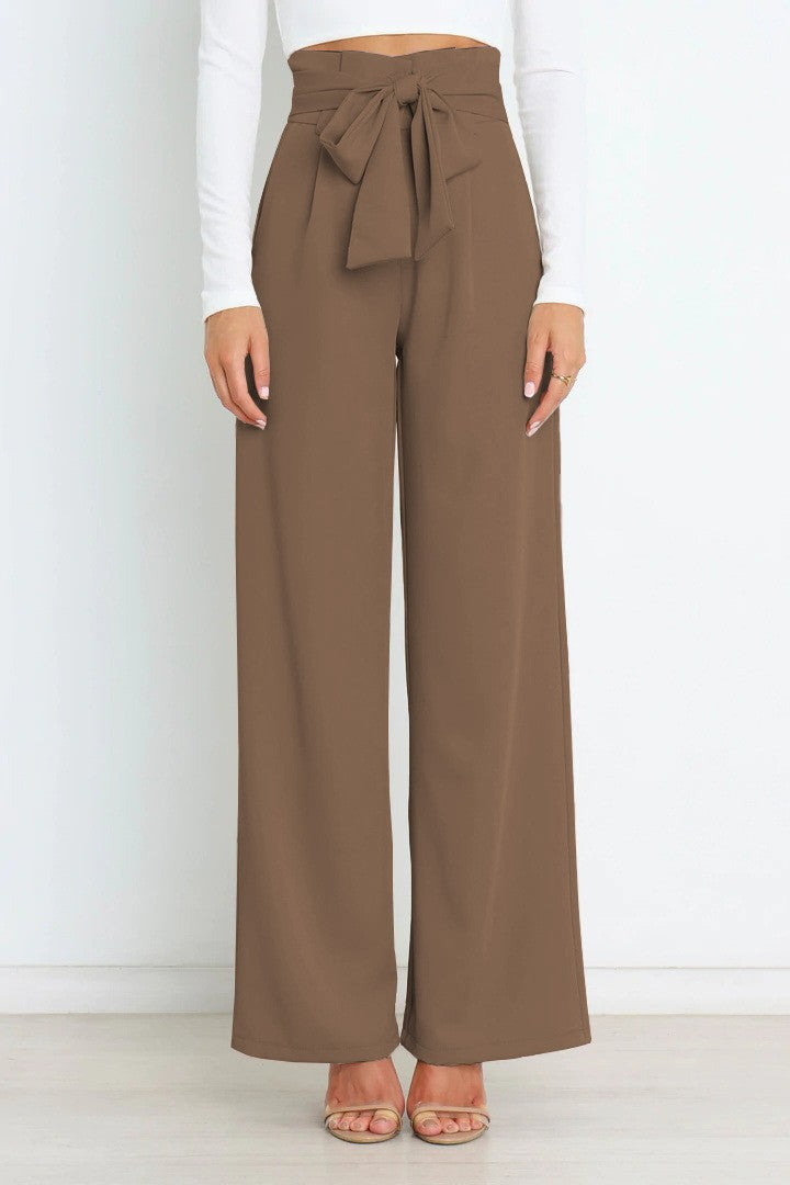 Damen Weite High-Waist Paperbag-Hose mit Bundfalten und Bindegürtel EB