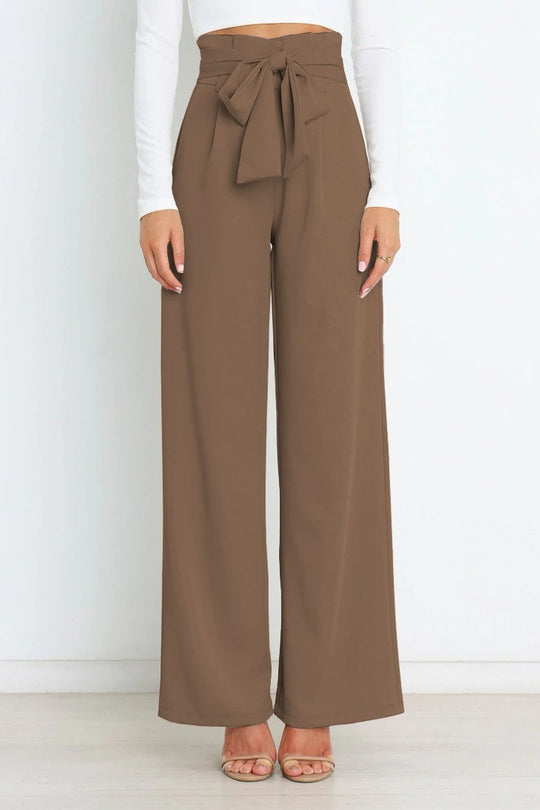 Damen Weite High-Waist Paperbag-Hose mit Bundfalten und Bindegürtel EB