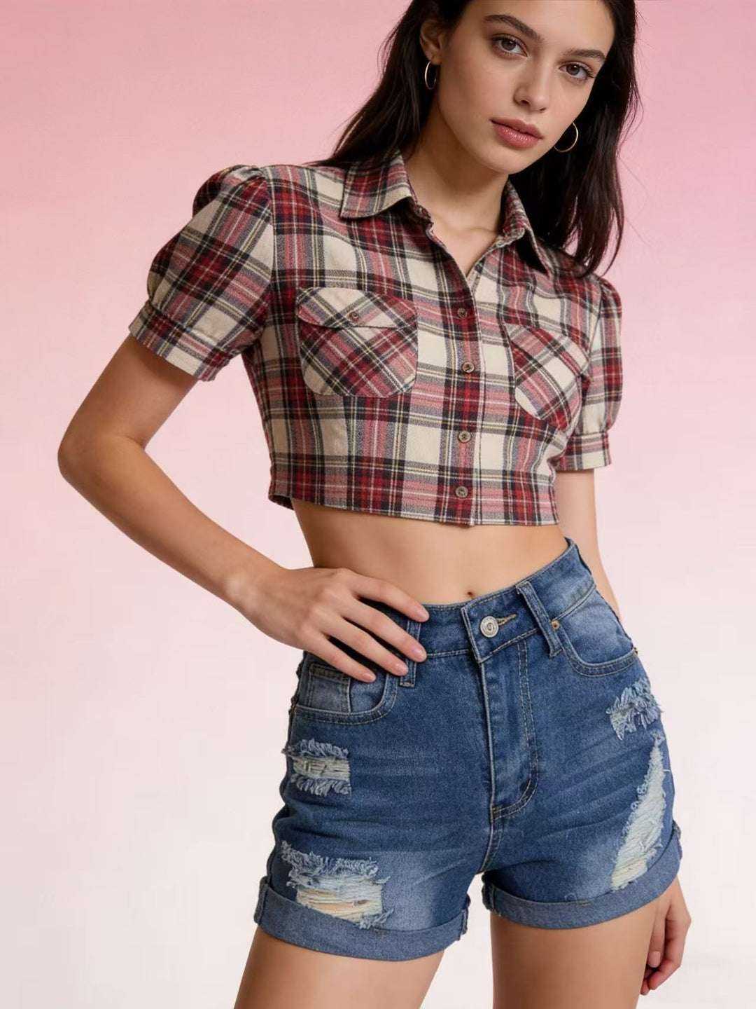 Damen Crop-Hemd im klassischen Karomuster mit Puffärmeln EB