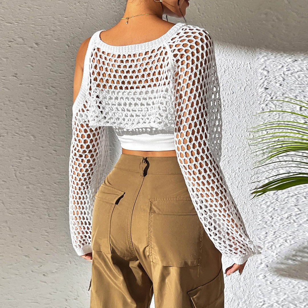 Damen gestricktes Netzoberteil mit offenen Schultern und modischem Design EB
