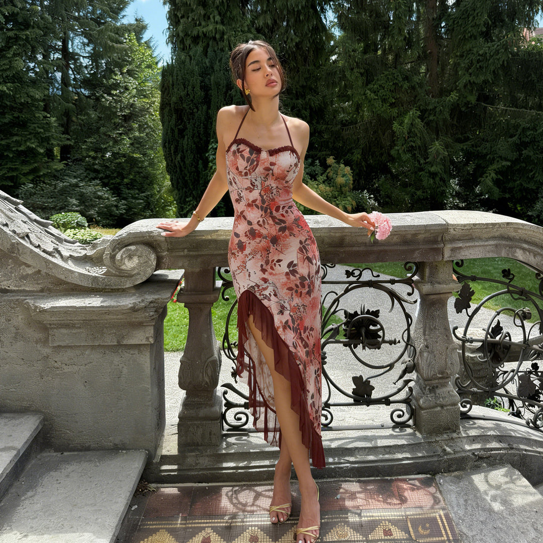 Damen asymmetrisches Floral-Maxikleid mit zartem Rüschensaum und verführerischem Schnitt EB