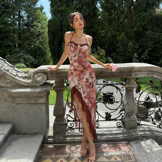Damen asymmetrisches Floral-Maxikleid mit zartem Rüschensaum und verführerischem Schnitt EB