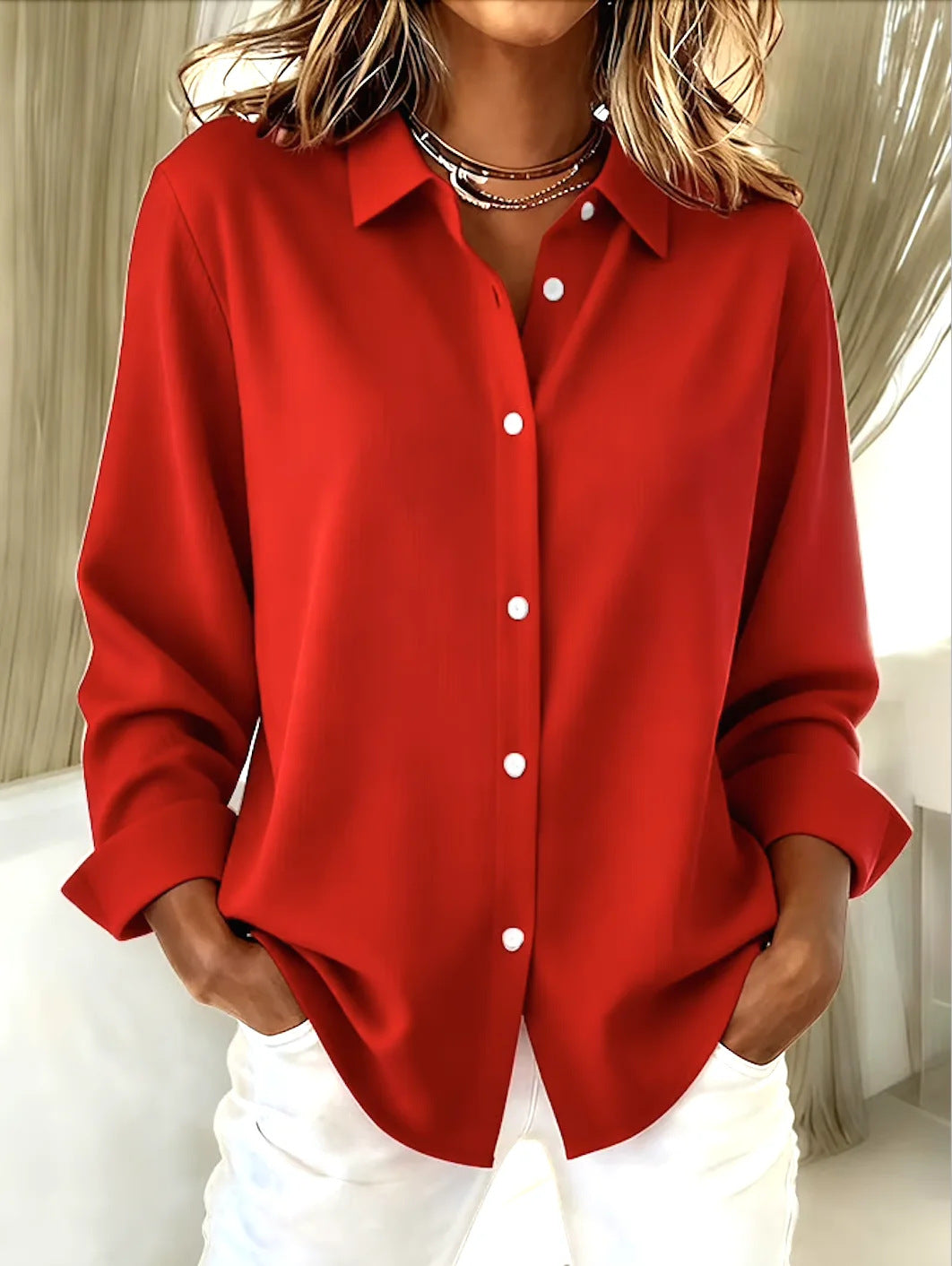 Damen Oversize-Bluse mit klassischem Kragen und verdeckter Knopfleiste EB