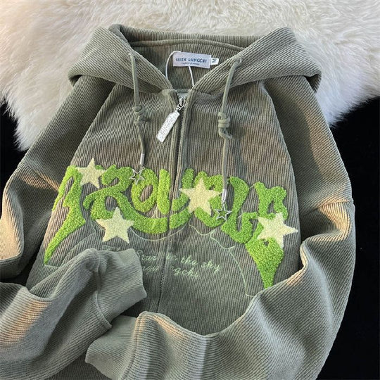 Damen nan gerippte Oversize Kapuzenjacke mit Reißverschluss, Chenille-Stickerei und Stern-Anhängern EB