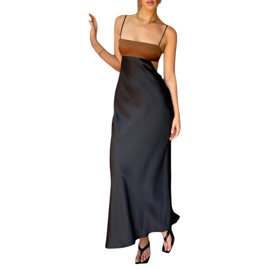 Damen elegantes langes Kleid mit innovativem Cut-Out Design und zarten Spaghettiträgern EB