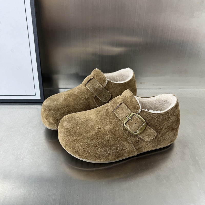Damen Komfortable Wildleder-Clogs mit luxuriösem Fleece-Innenfutter und modischer Schnallenverzierung EB
