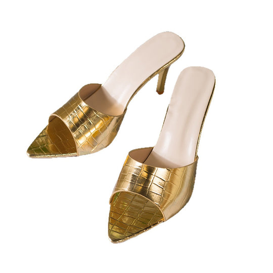 Damen Offene High-Heels Sandalen mit trendiger Metallic-Oberfläche EB