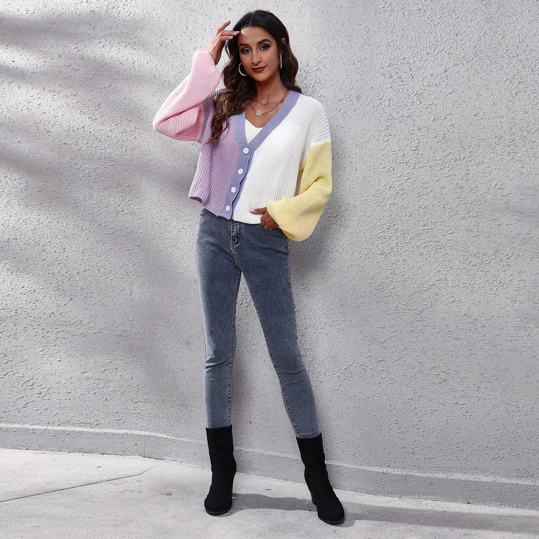 Damen Moderner Strickcardigan mit bunten Blockstreifen und V-Ausschnitt EB