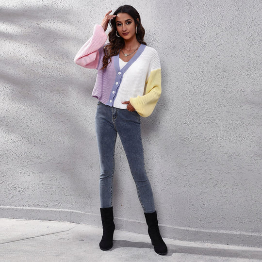 Damen Moderner Strickcardigan mit bunten Blockstreifen und V-Ausschnitt EB