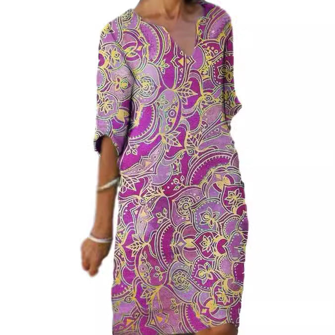 Damen Freizeitleichtkleid mit elegantem V-Ausschnitt und buntem Muster EB