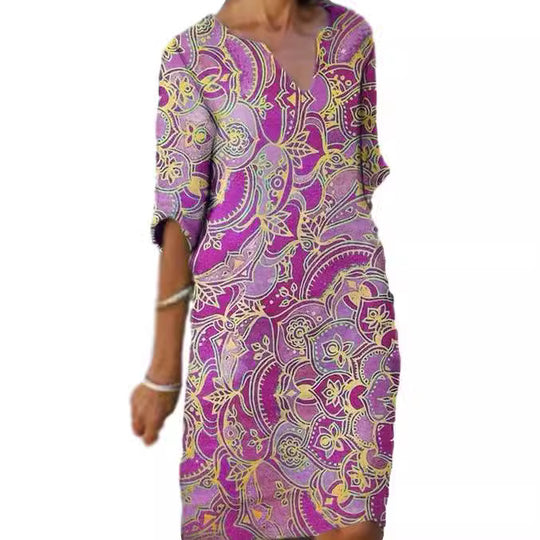 Damen Freizeitleichtkleid mit elegantem V-Ausschnitt und buntem Muster EB