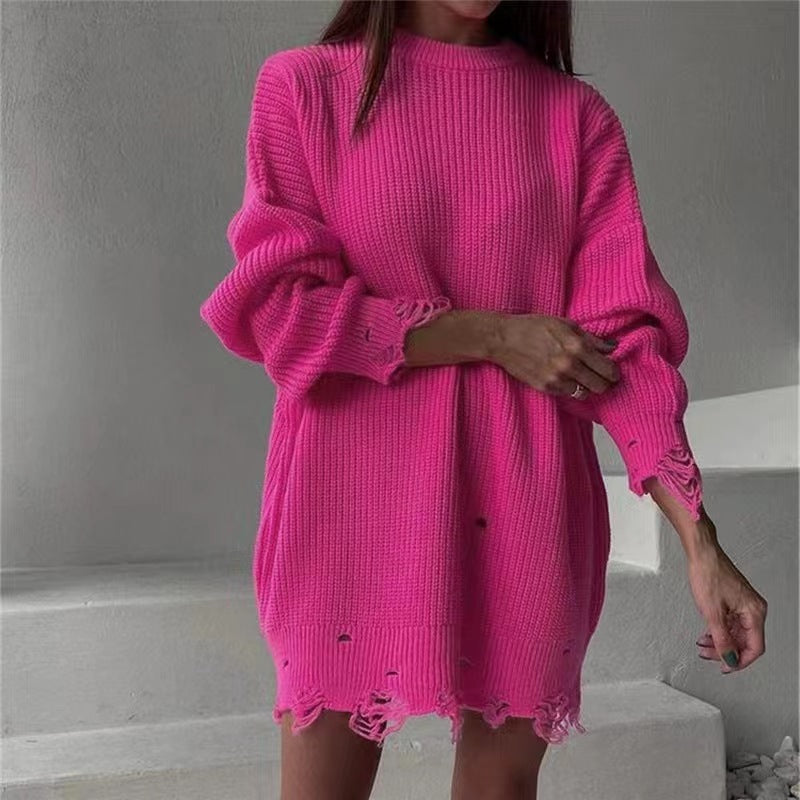 Damen Strickkleid mit asymmetrischem Saum und modischem Gürtel EB