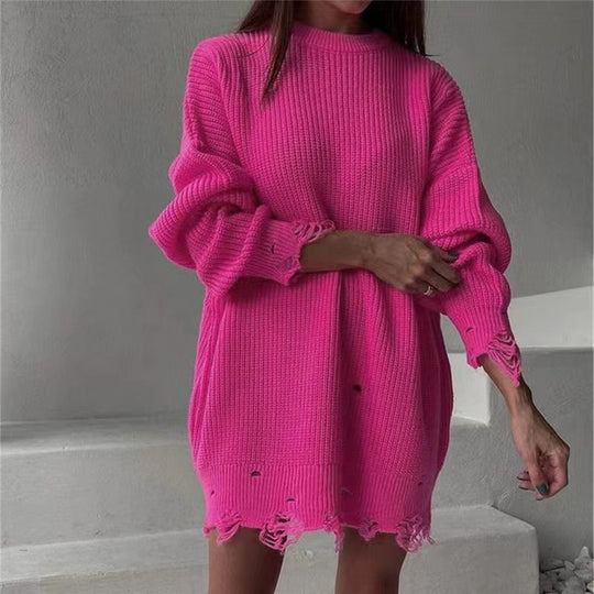 Damen Strickkleid mit asymmetrischem Saum und modischem Gürtel EB