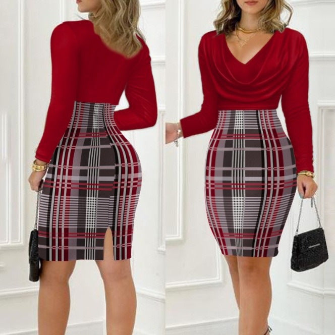 Damen Figurbetontes Kleid mit asymmetrischem Schnitt und Karomuster EB