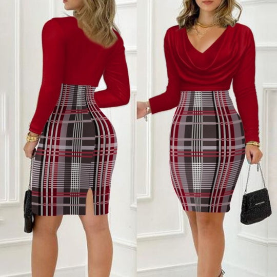 Damen Figurbetontes Kleid mit asymmetrischem Schnitt und Karomuster EB
