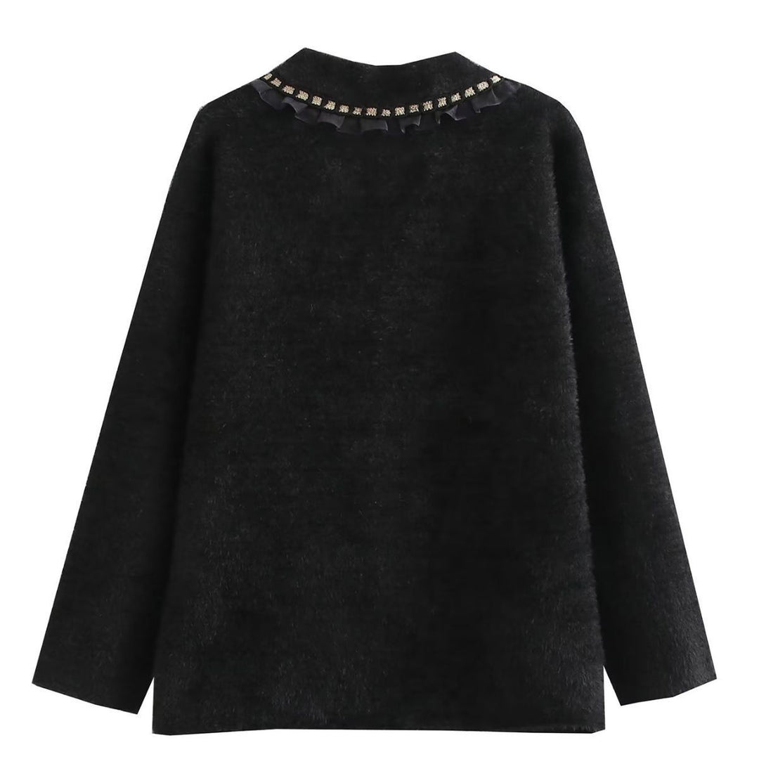 Damen modische Strickjacke mit dekorativen Rüschen und perlenverzierten Knopfdetails EB