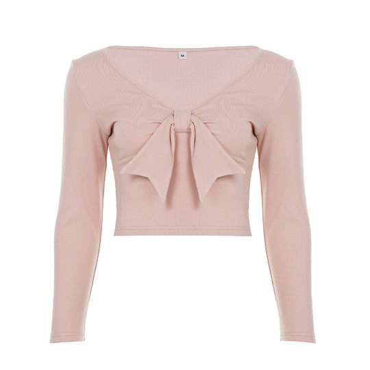 Damen nan Cropped-Longsleeve mit dekorativer Schleifenfront, V-Ausschnitt und figurbetonter Passform EB