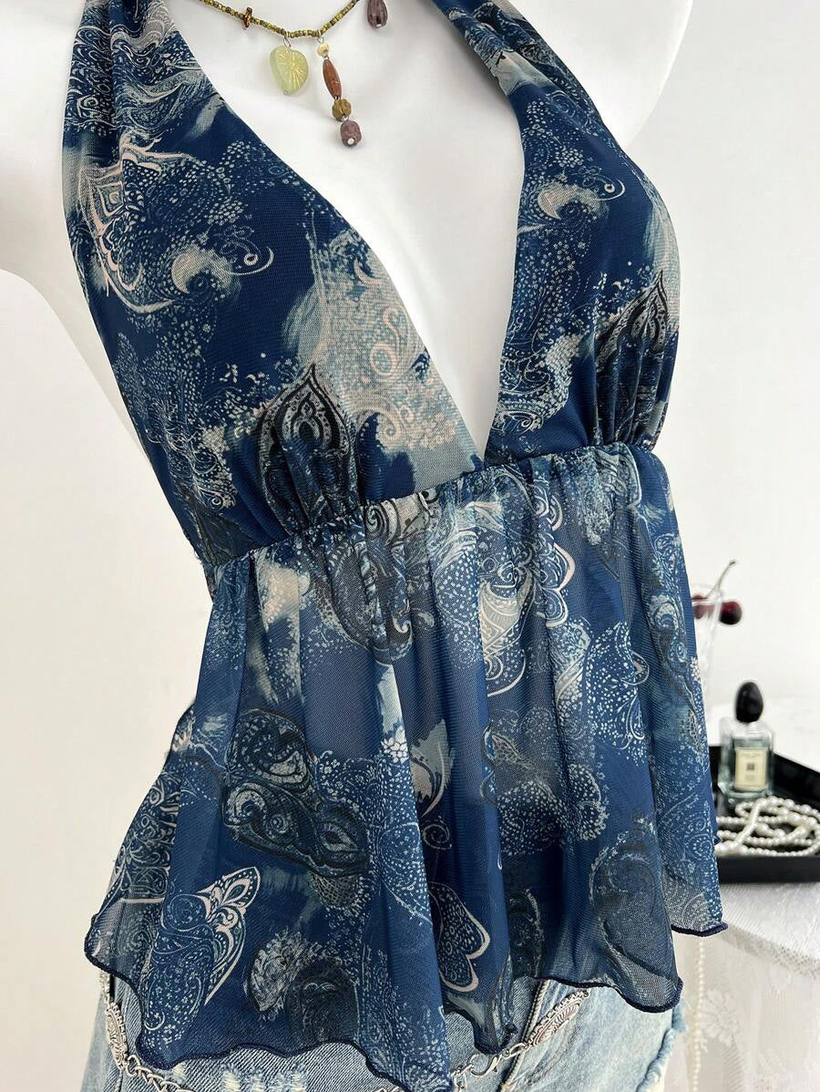 Damen luftiges Blusentop im halterlosen Design mit floralem Druck EB