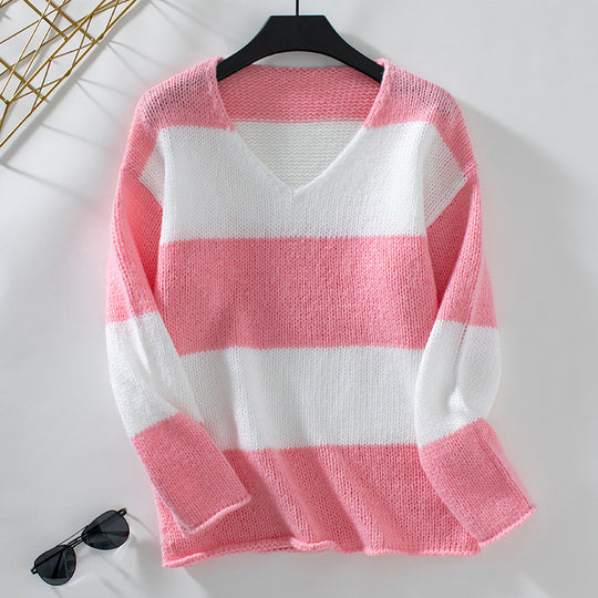 Damen lässiger V-Ausschnitt Strickpullover mit großzügigem Streifenmuster EB