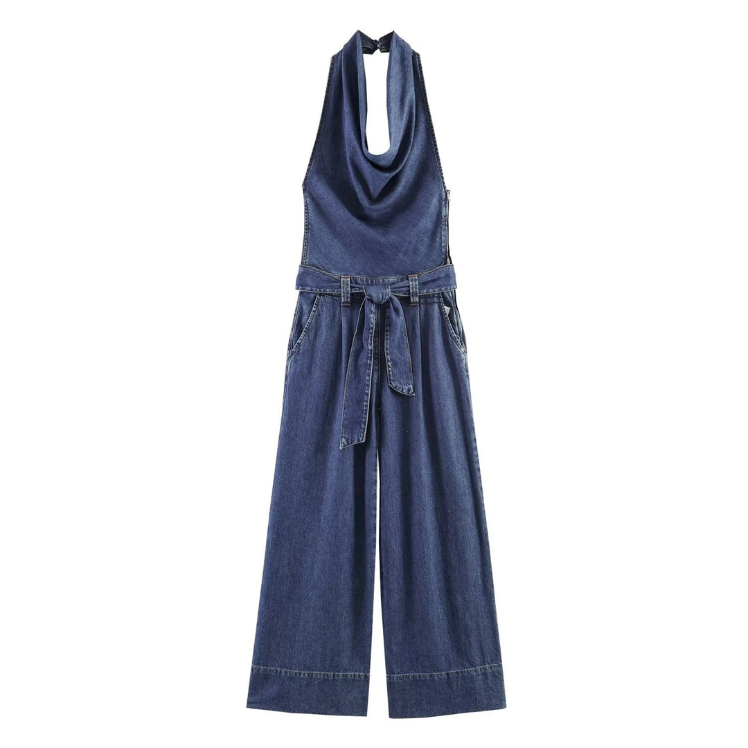 Damen Jumpsuit mit halbem Ausschnitt und weitem Bein EB