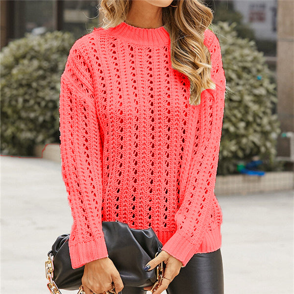 Damen luftiger Strickpullover mit Lochmuster und modernem Stehkragen EB