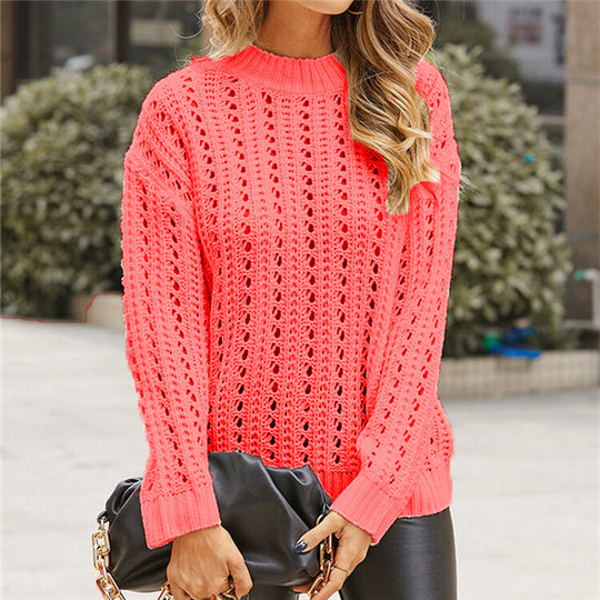 Damen luftiger Strickpullover mit Lochmuster und modernem Stehkragen EB