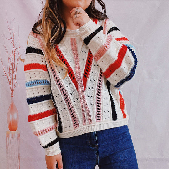Damen lässiger Strickpullover mit modernem Farbverlauf und einzigartiger Lochstruktur EB