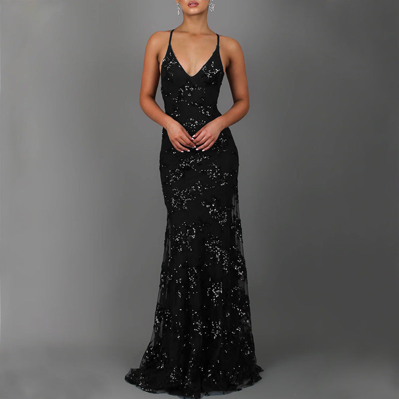 Damen Glitzernder Abendkleid mit vorderem Schlitz und tiefem Rückenausschnitt EB