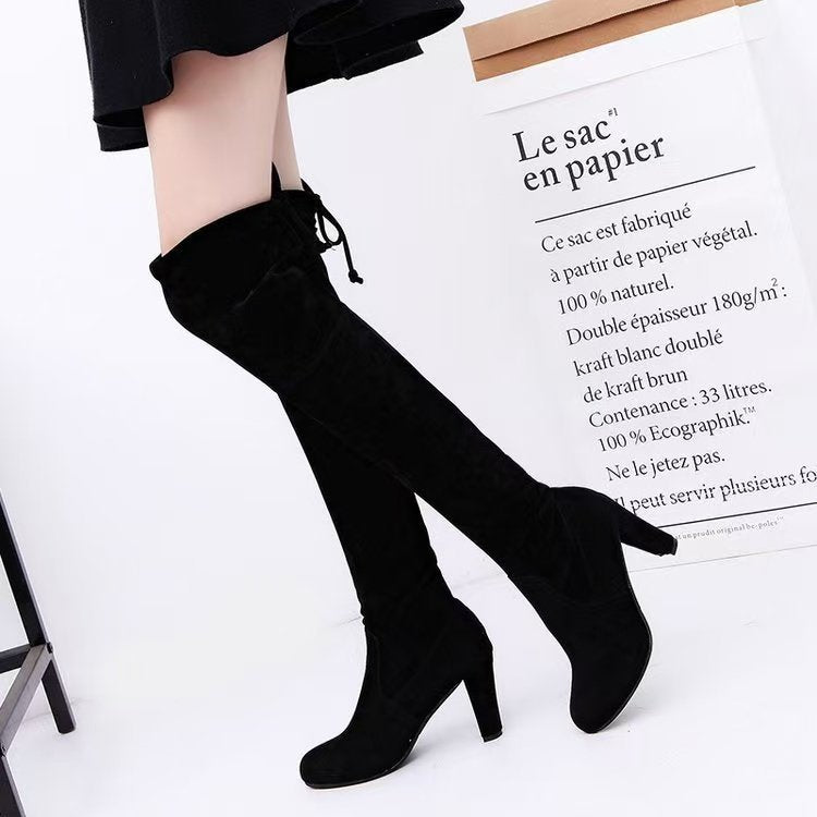Damen Overknee-Stiefel mit geschwungenem Blockabsatz und weichem Veloursimitat EB