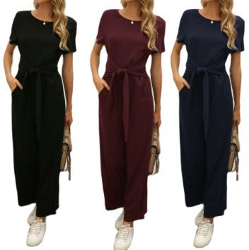 Damen Jumpsuit mit Bindegürtel und weitem Bein EB