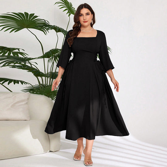 Damen Midi-Kleid mit schickem Quadrat-Ausschnitt und eleganten Rüschendetails EB