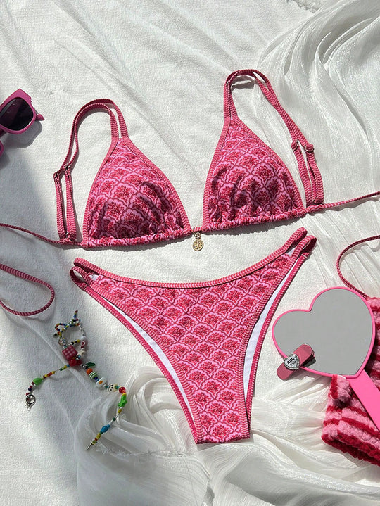 Damen Triangel-Bikini mit exquisitem Muster und verstellbaren Trägern EB