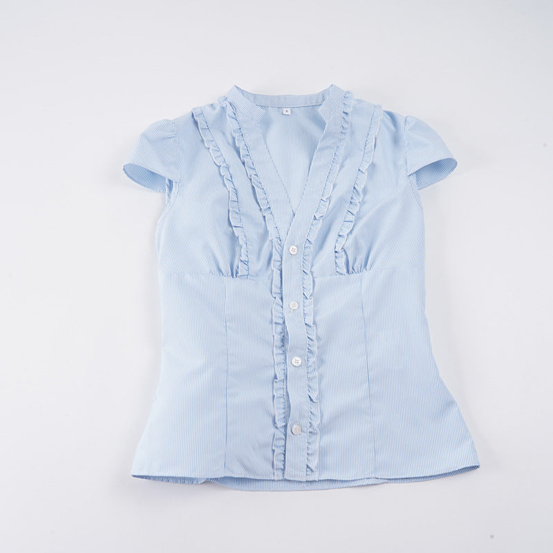 Damen Blusen Top mit Rüschendetails und figurbetontem Schnitt EB