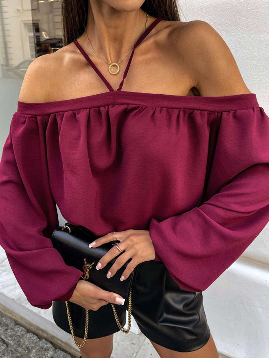Damen Off-Shoulder Bluse mit elastischen Ärmelbündchen EB