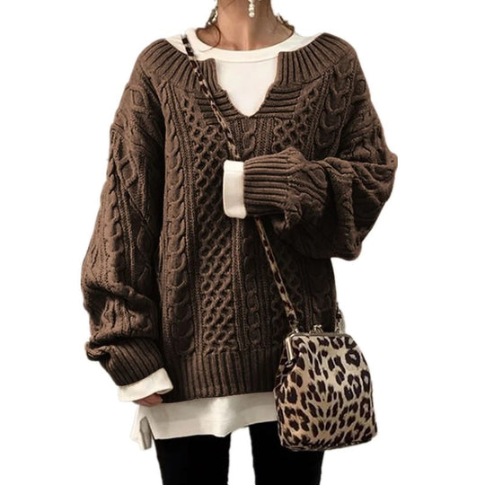 Damen nan weit geschnittener Strickpullover mit Zopfmuster und V-Ausschnitt EB