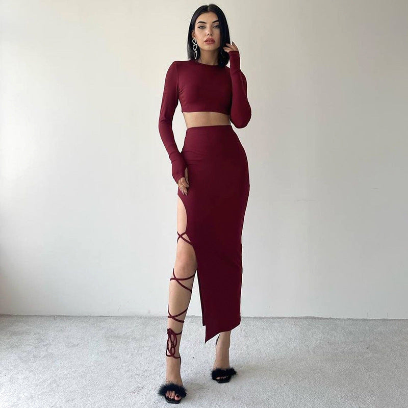 Damen elegantes Langarm-Oberteil mit hohem Bund und seitlichem Cut-Out EB