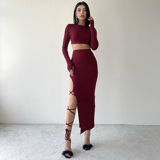 Damen elegantes Langarm-Oberteil mit hohem Bund und seitlichem Cut-Out EB