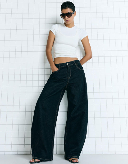 Damen nan hohe Taillenweite Palazzo-Denim mit weitem Bein und cleanem Five-Pocket-Design EB