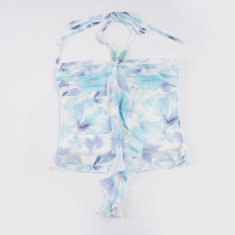 Damen Spaghetti-Trägertop mit floralen Einsätzen und transparenten Rüschen EB