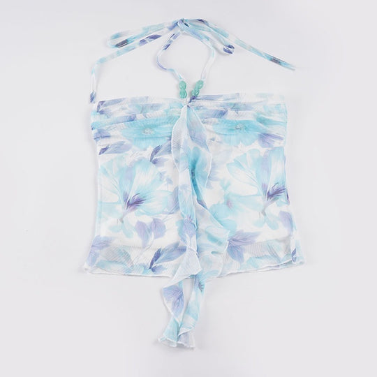 Damen Spaghetti-Trägertop mit floralen Einsätzen und transparenten Rüschen EB