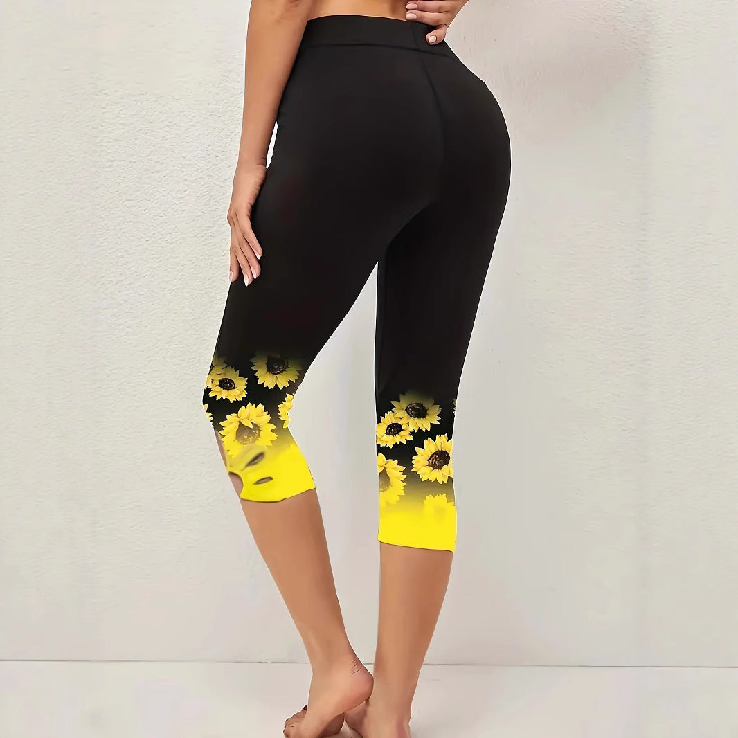 Damen Capri-Leggings mit einzigartigem Sonnenblumen-Design und hohem Bund EB