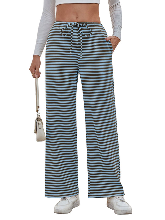 Damen weite Streifenhose mit elastischem Bund und Kordelzug EB