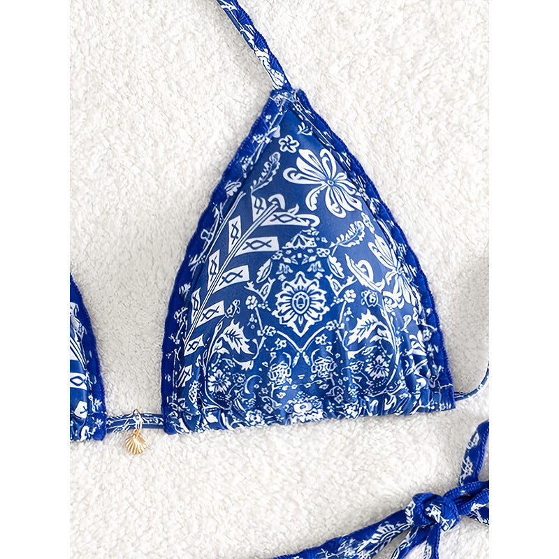 Damen Triangel-Bikini mit verspieltem floralem Muster und verstellbaren Bindebändern EB